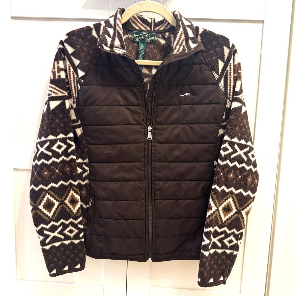 L-RL Lauren Active Ralph Lauren, Aztec Print, Fleece Puffer Vest Jacket, Size M